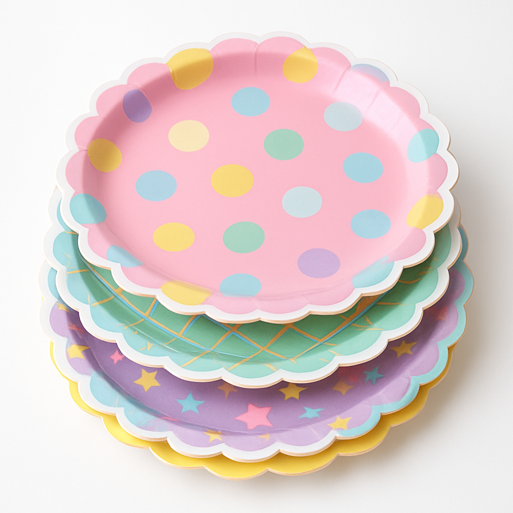 Stack of scalloped-edge patterned party plates